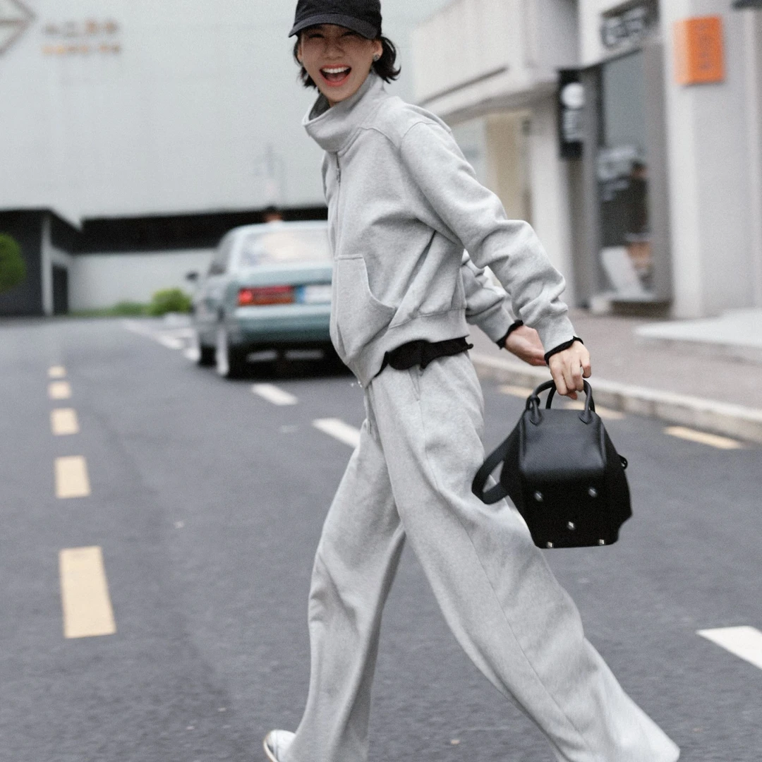 TT设计师【自在从容】日系高级感复古纯棉花灰色卫衣裤套装TT191054