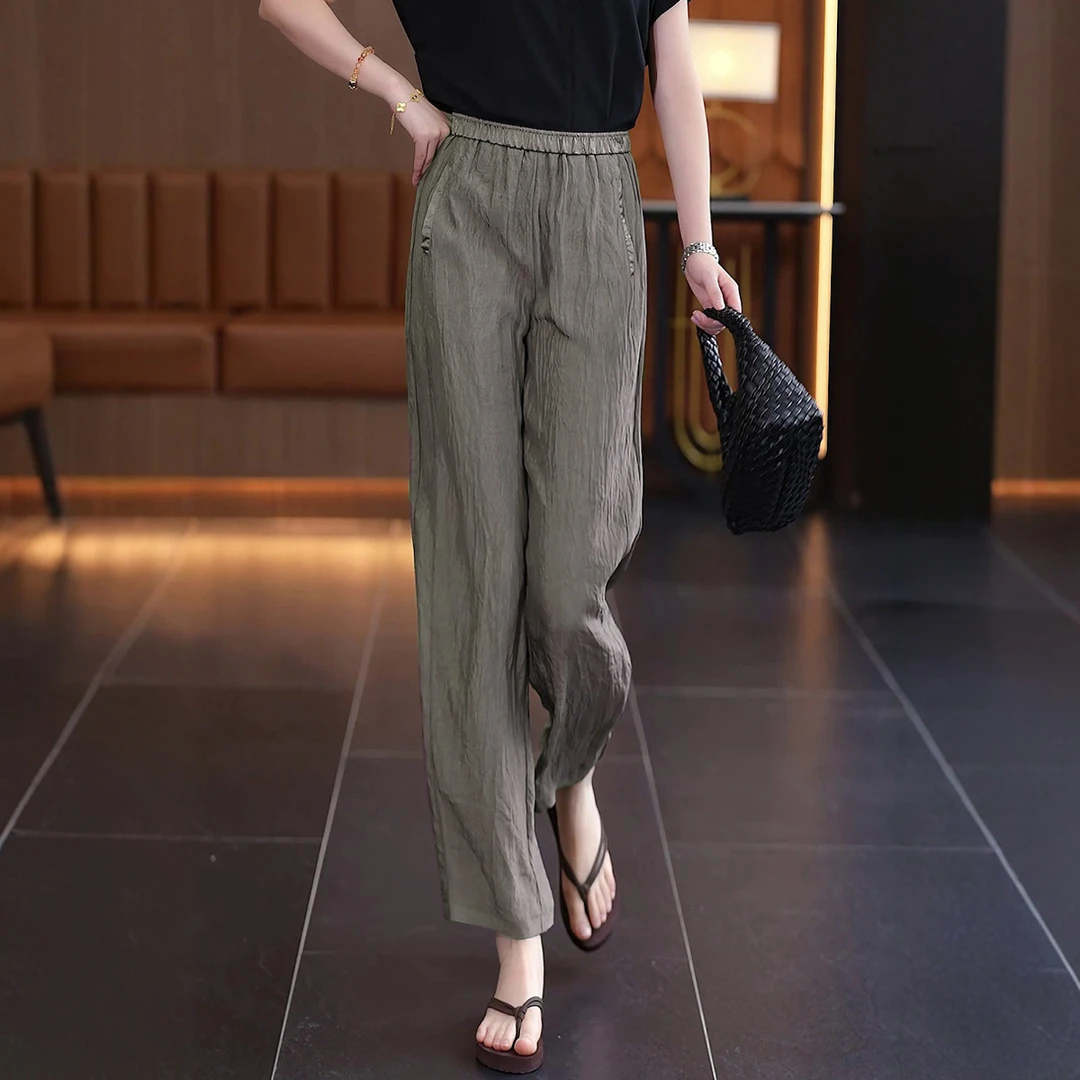 纯醋酸夏日轻薄九分裤女士2025新款阔腿裤显瘦梨型身材妈妈休闲裤