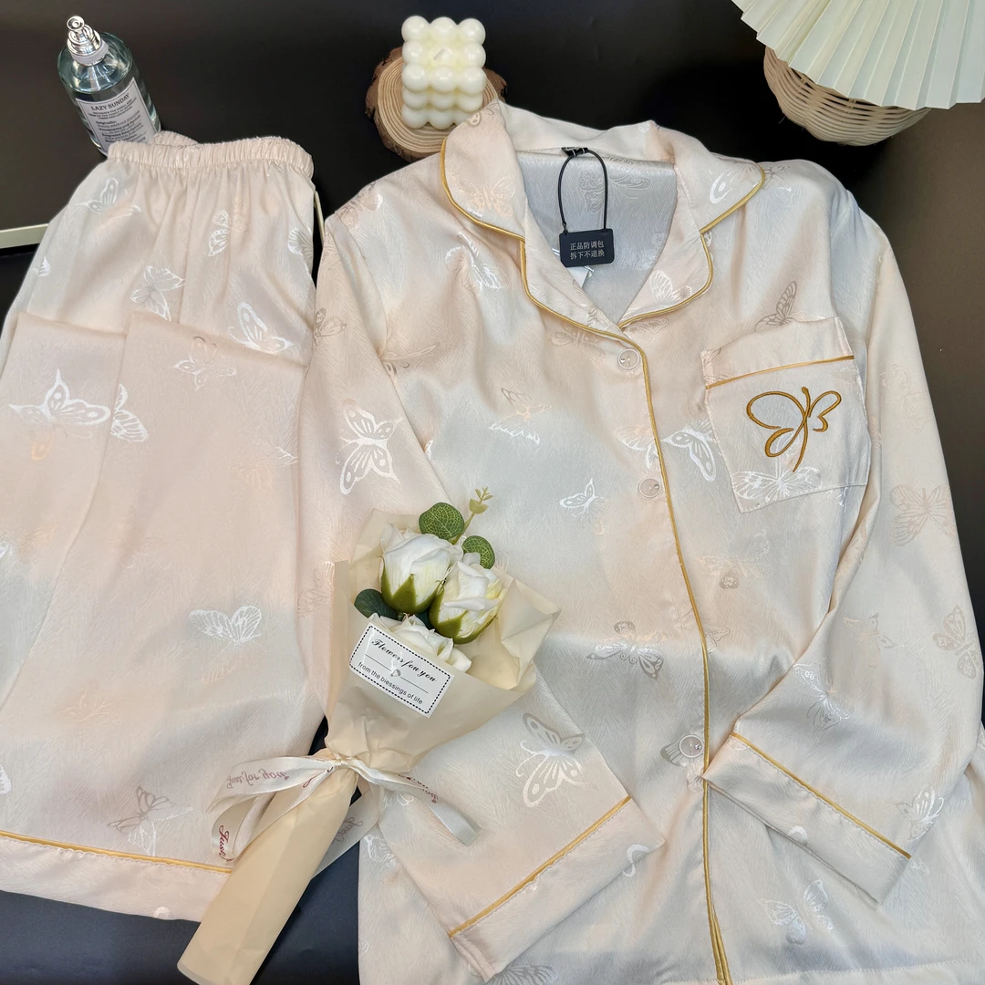 【带胸垫】2025新款长袖睡衣女冰丝香槟蝴蝶提花春秋薄款家居服套装