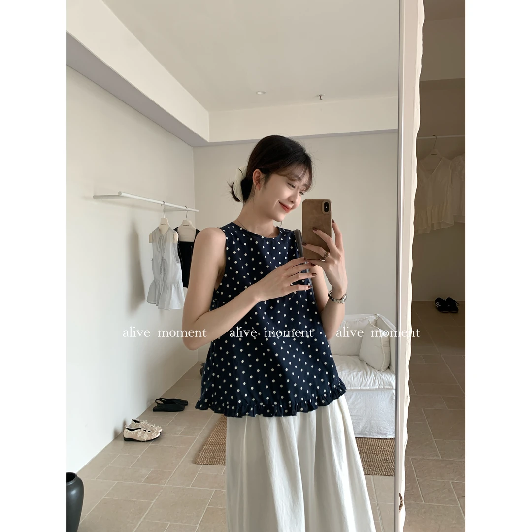 【NO退NO换】50892#韩系波点设计感圆领超显瘦下摆木耳边气质小衫