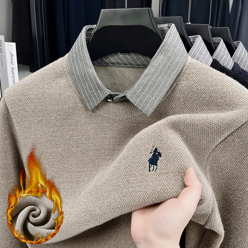 【加绒加厚】男士冬季商务休闲长袖假两件翻领纯色针织衫保暖上衣