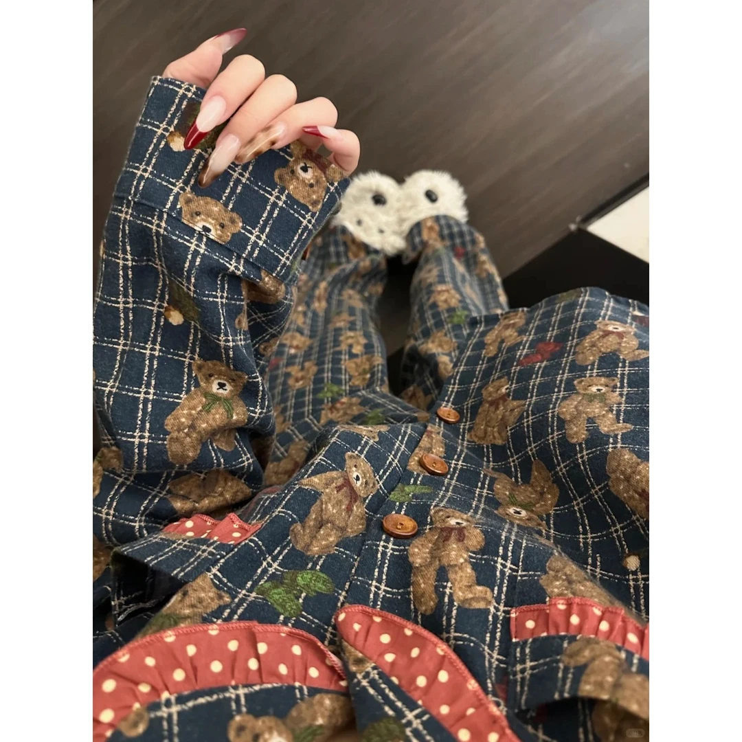 复古甜美卡通小熊印花睡衣女春秋新款休闲格纹长袖长裤家居服套装