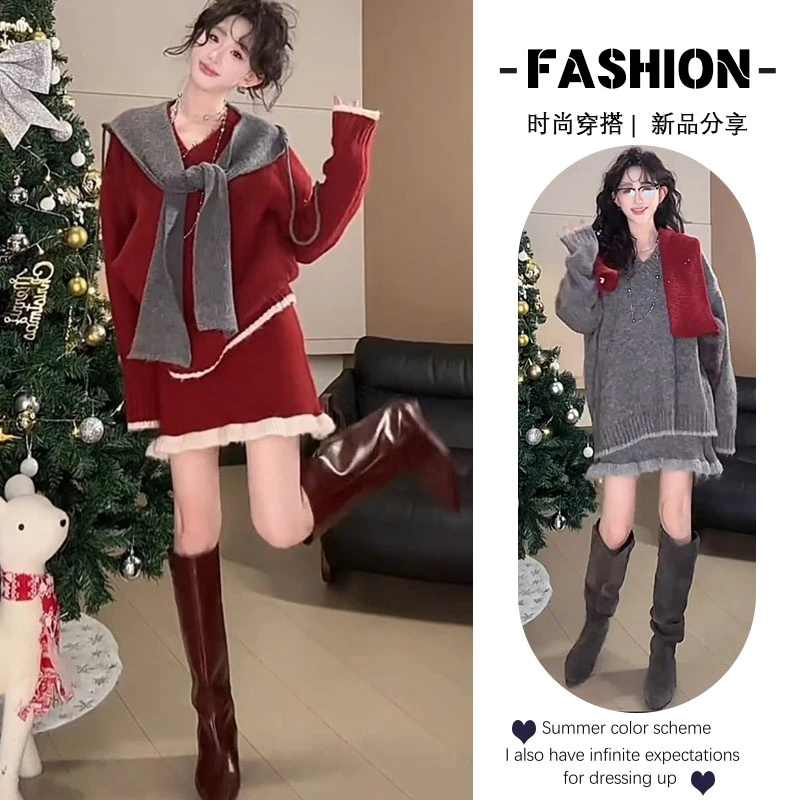 入秋一整套女装2024新款韩版慵懒风气质毛衣高级感针织半裙两件套