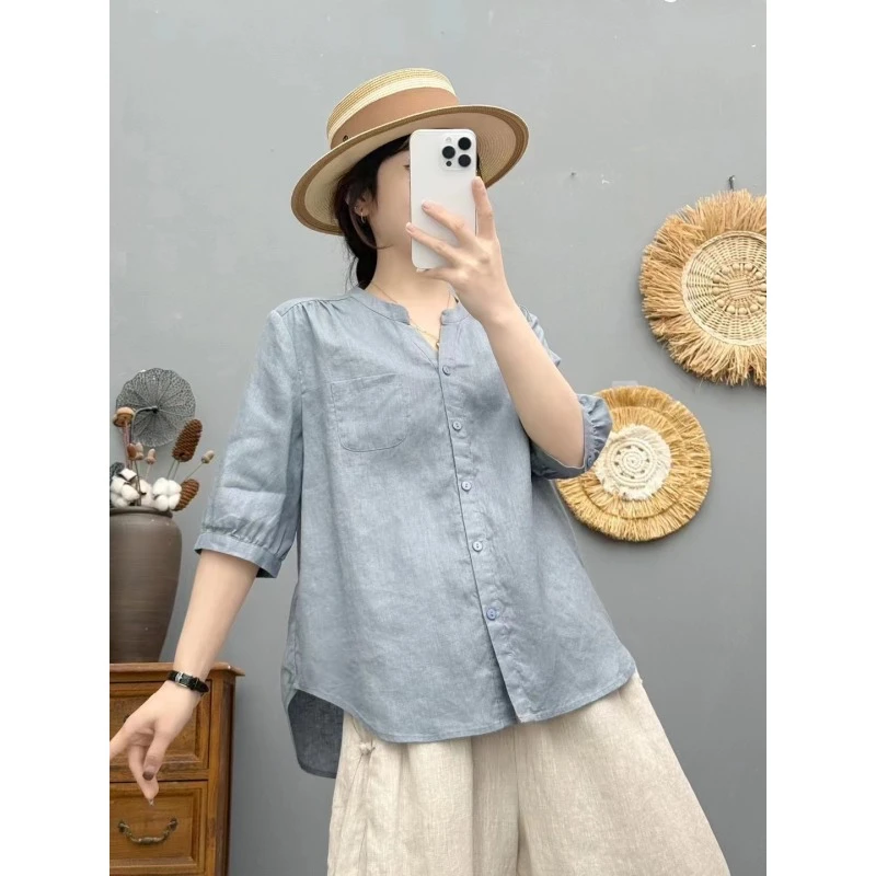 【小V领亚麻】夏季纯亚麻小V领设计衬衫女薄款百搭休闲宽松