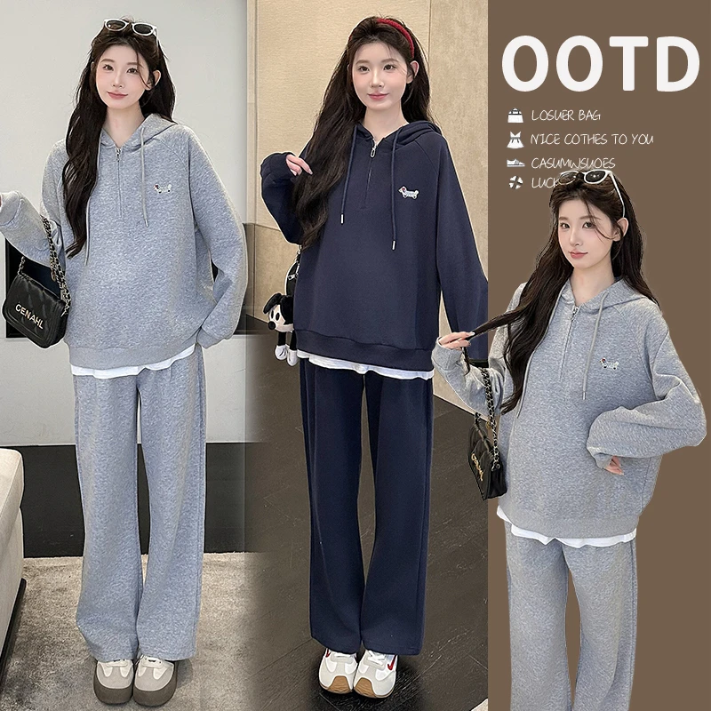 孕妇装2025秋冬新款加绒卫衣假两件腊肠狗刺绣休闲卫衣孕妇两件套