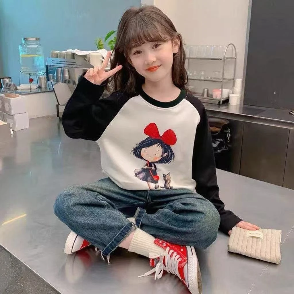 女童春装新款休闲长袖t恤儿童洋气女孩春秋季打底衫卡通拼色上衣