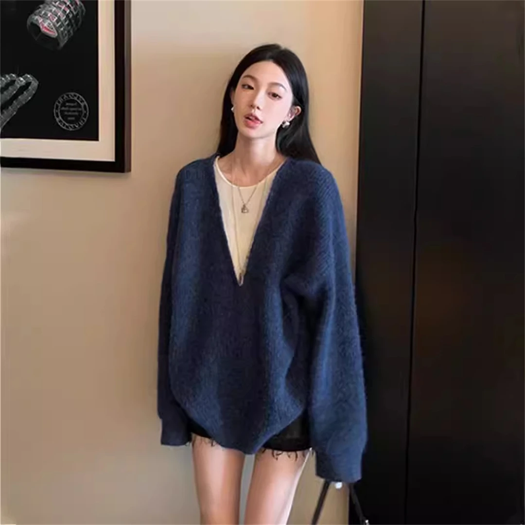 设计感休闲百搭假两件针织打底衫女秋季大码胖MM显瘦宽松遮肉毛衣