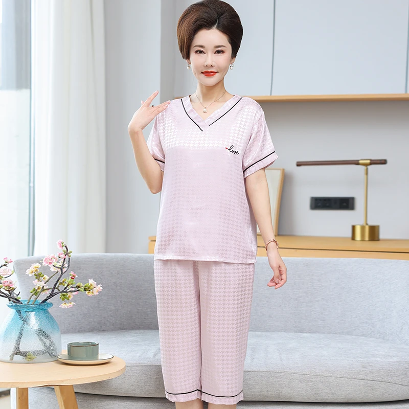 中年妈妈睡衣女士夏季短袖七分裤仿真冰丝绸薄款加大码家居服套装