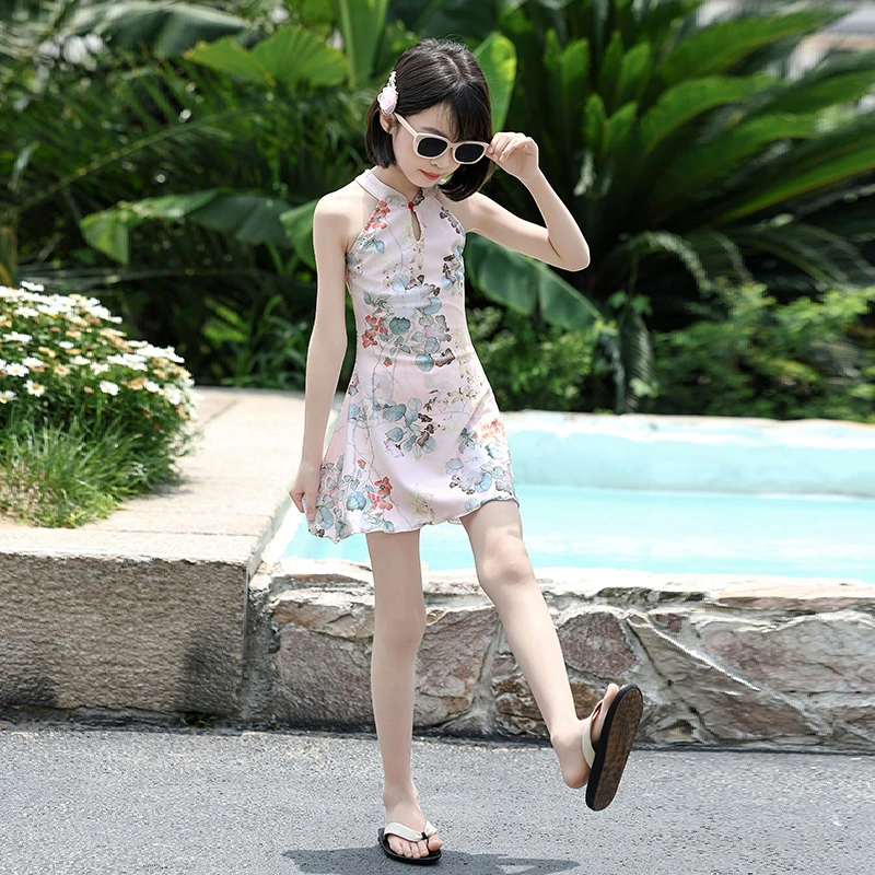 女童新中式泳衣夏季2025新款儿童连体裙式泳装大童女孩温泉游泳衣