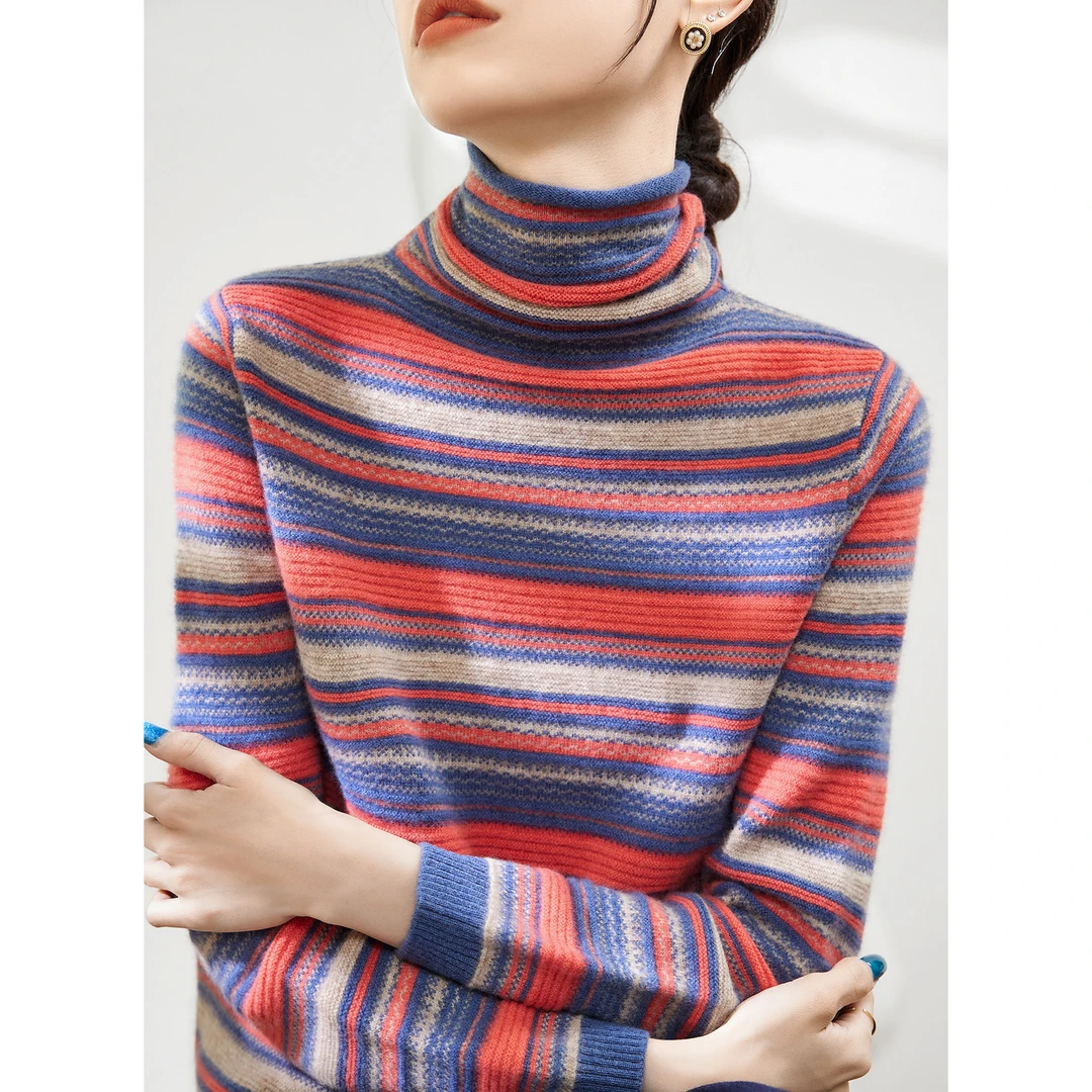 冬季舒适软糯设计条纹高领毛衣女百搭宽松显瘦针织衫堆堆领打底衫