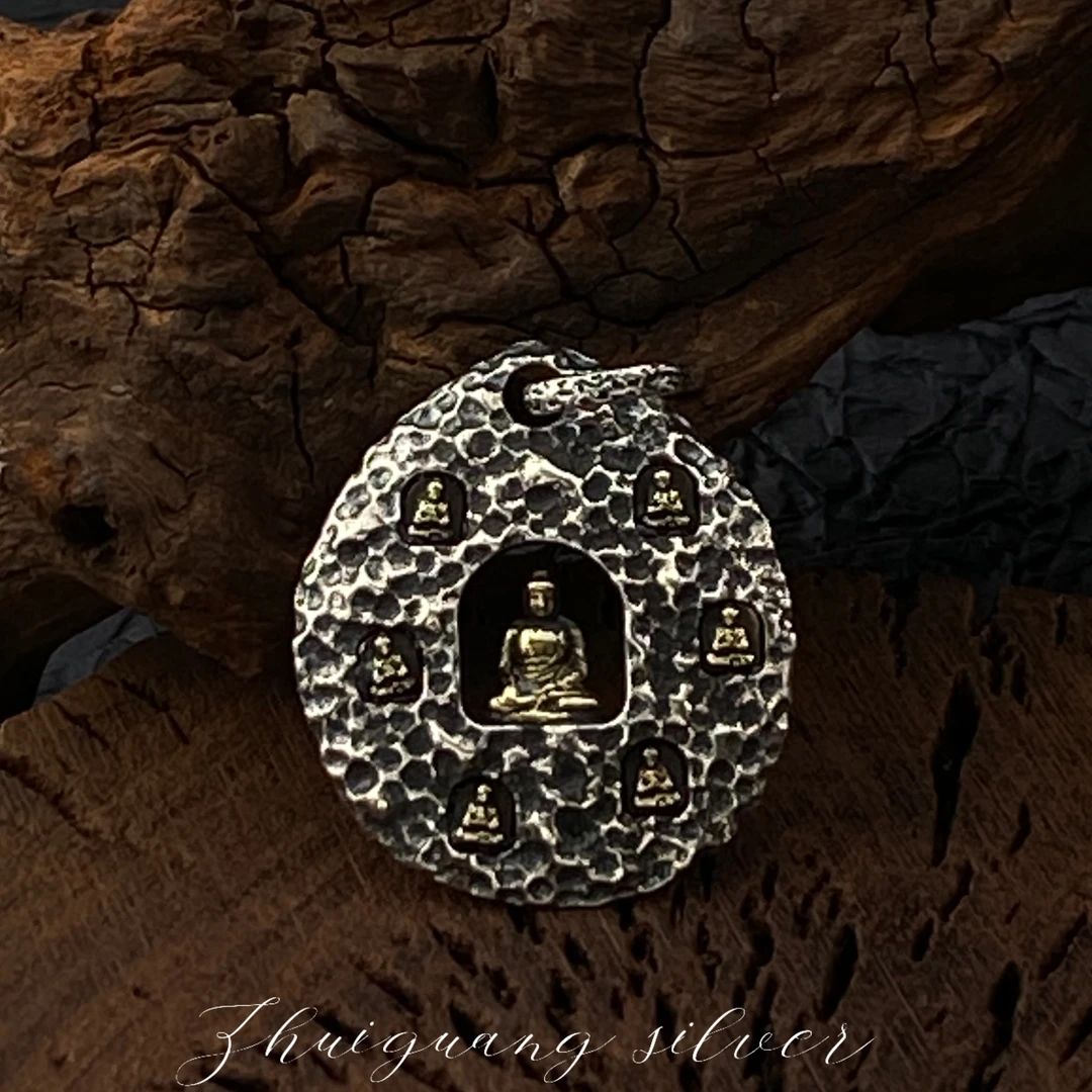 吊坠925银 十窟佛圆牌吊坠手工做旧个性时尚复古潮流吊坠纯手工