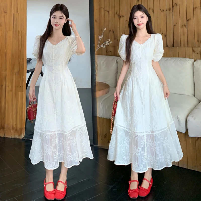 大码【怦然心动】夏季短袖V领蕾丝边温柔优雅收腰显瘦度假风连衣裙