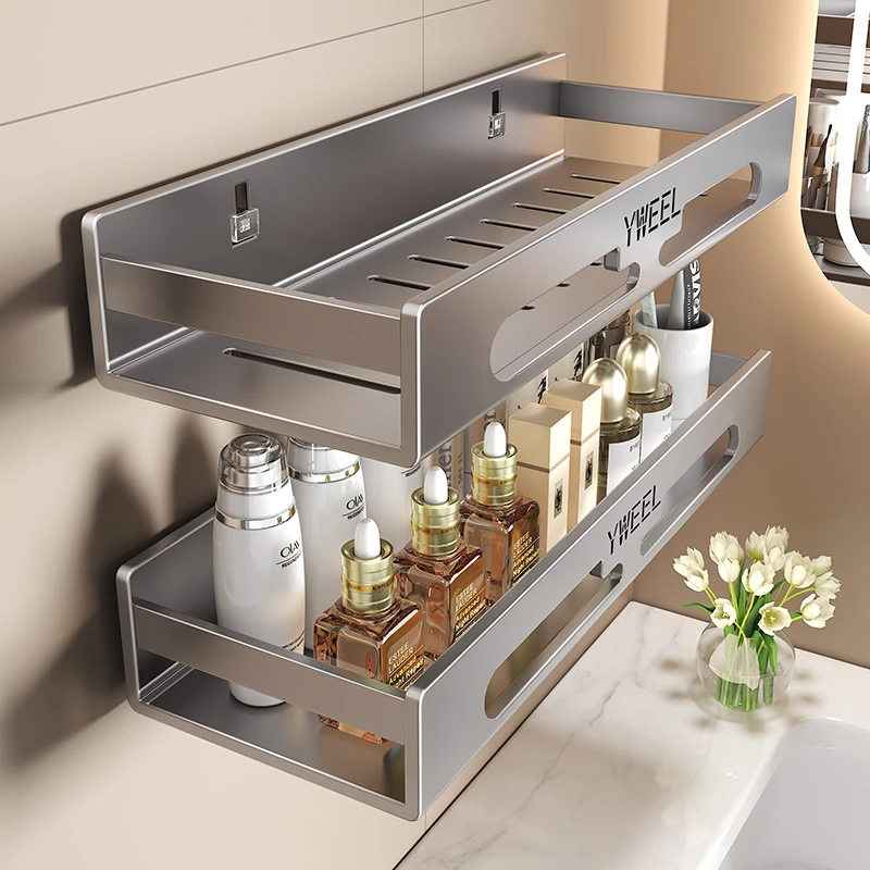 枪灰卫生间置物架壁挂免打孔浴室阳台可拆洗洗漱台洗手间收纳架子