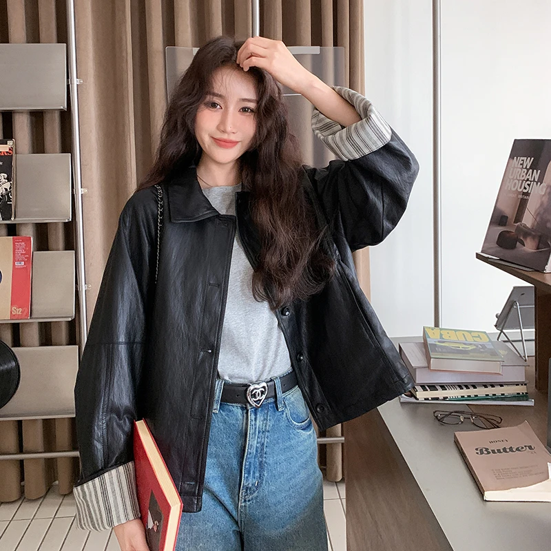 超短款拼接撞色皮衣外套女2025春季新款百搭设计感机车夹克服上衣