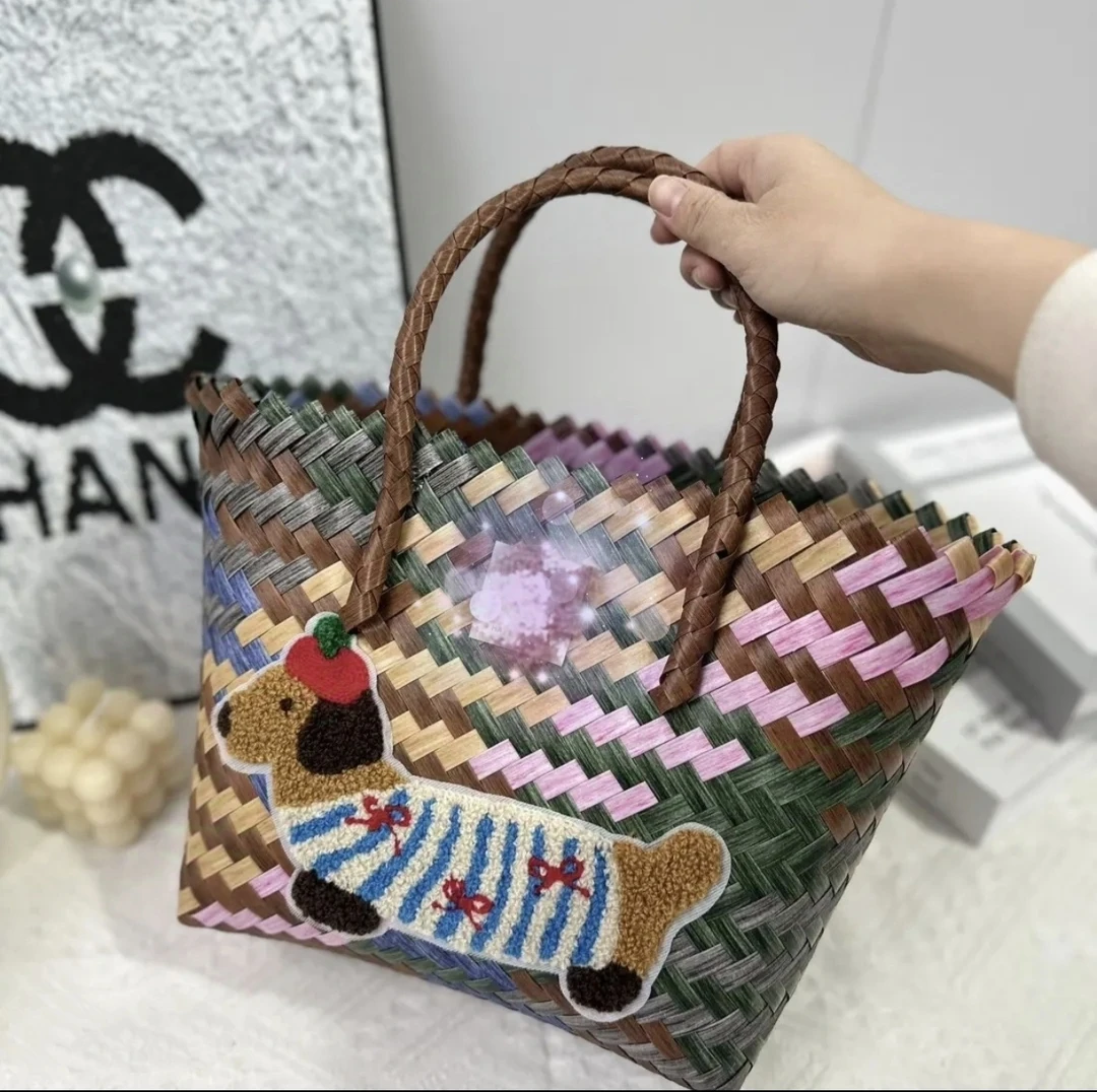 美式复古条纹腊肠狗菜篮子编织手提包可爱女包大容量手工编织