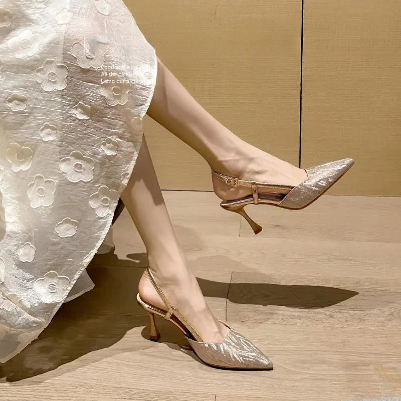春季尖头仙女风浅口高跟鞋法式百搭气质细跟包头一字带时尚凉鞋子