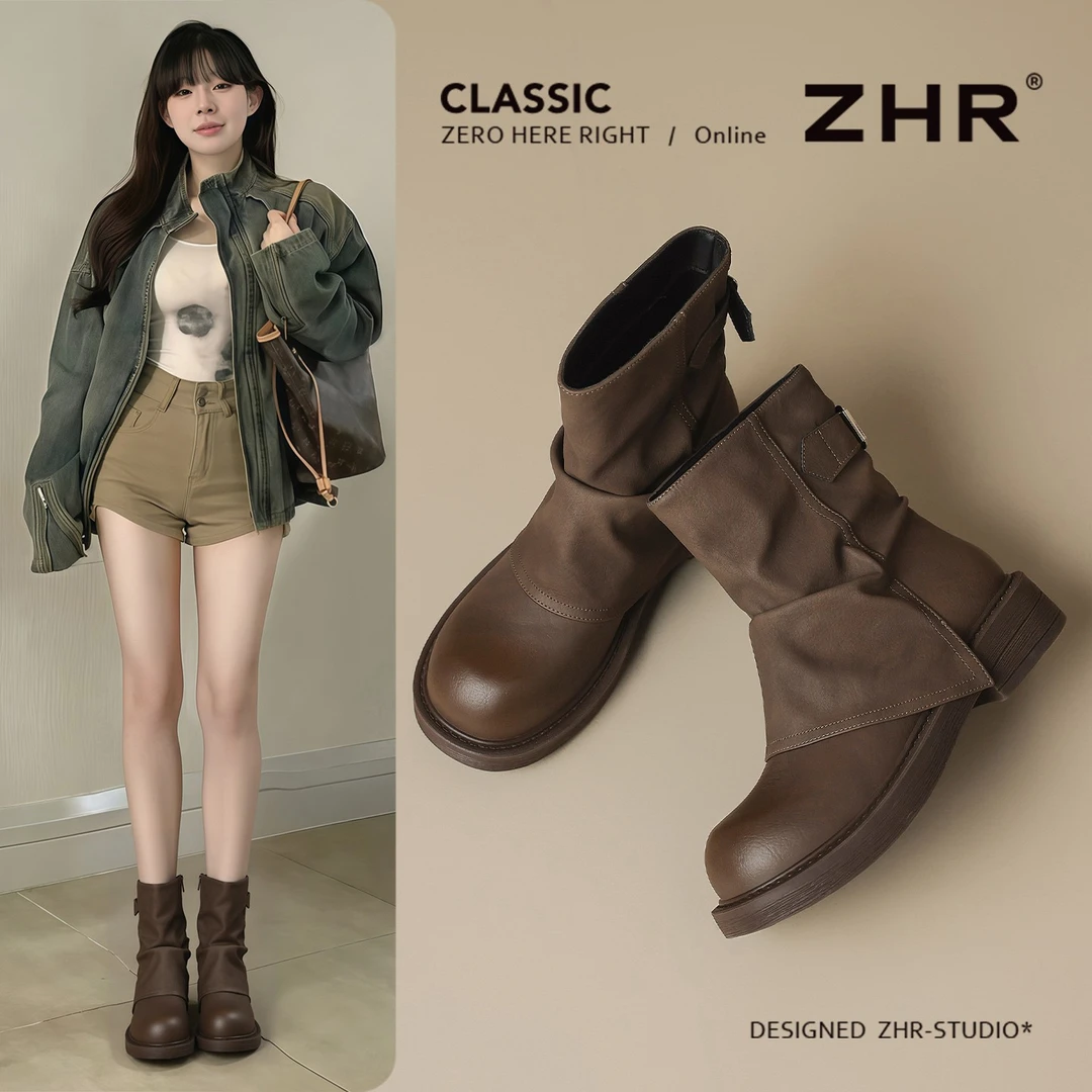 ZHR/则则厚底短靴女2025秋冬复古美拉德西部堆堆靴裤管靴马丁靴女