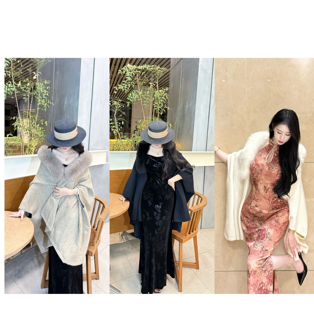 LHMknk1画报夫人原创自制温柔显瘦贵气针织披肩毛衣真狐狸毛外套