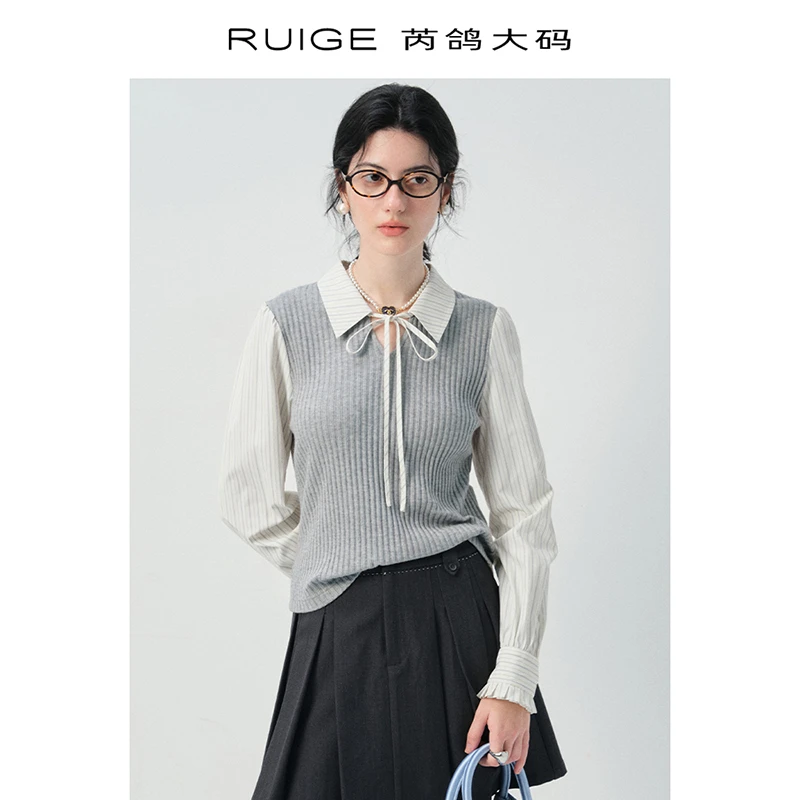 芮鸽微胖定制假两件针织衫女长袖条纹衬衫微胖mm系带上衣0004CX