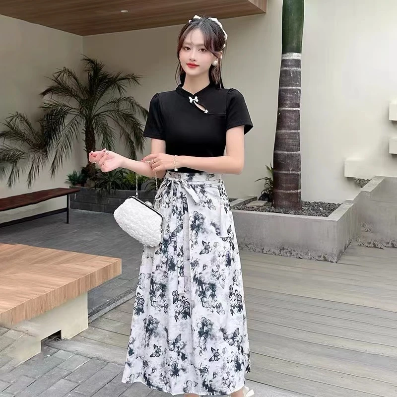 新款新中式镂空不对称短袖上衣设计感抽褶系带夏季春游出行衣服