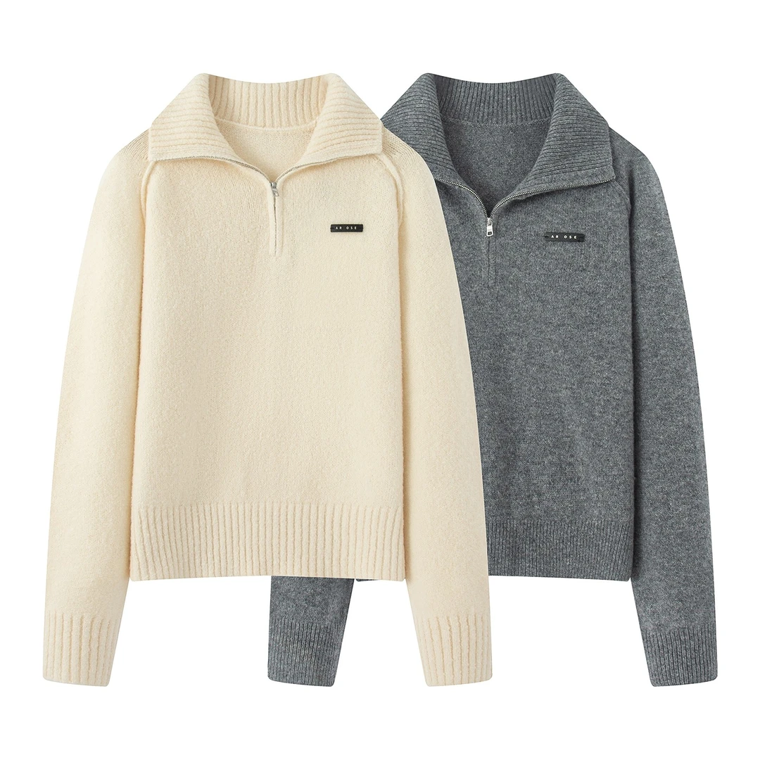 艾家新款针织纯色奶昔黄翻领套头毛衣短款套头毛针织衫翻领4117