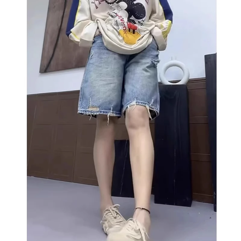 破洞牛仔短裤女夏季薄款大码胖mm高腰显瘦五分裤宽松百搭阔腿裤子
