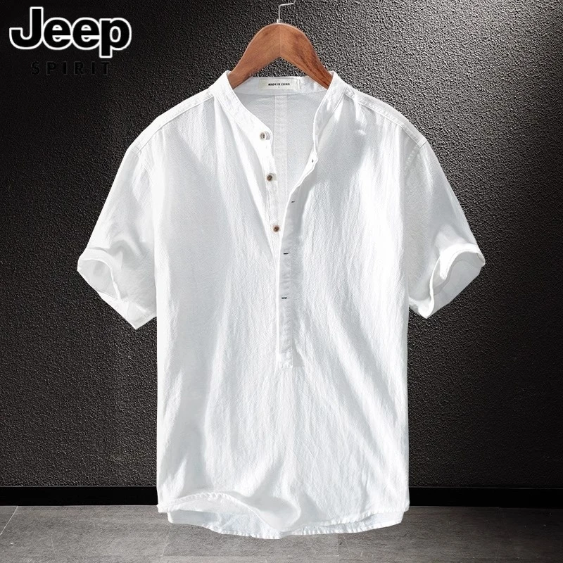 jeep吉普棉麻半袖速干男t恤棉麻重磅圆领复古宽松短袖上衣服夏