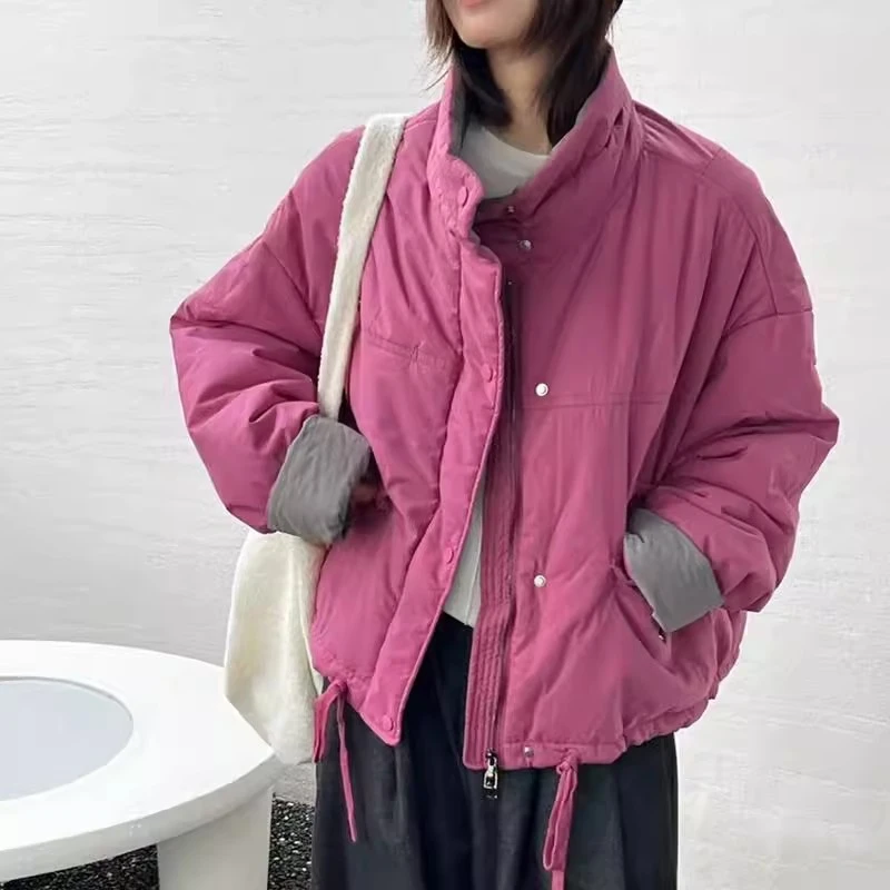 韩版撞色立领抽绳外套女2024冬季新款减龄洋气小个子保暖显瘦棉服