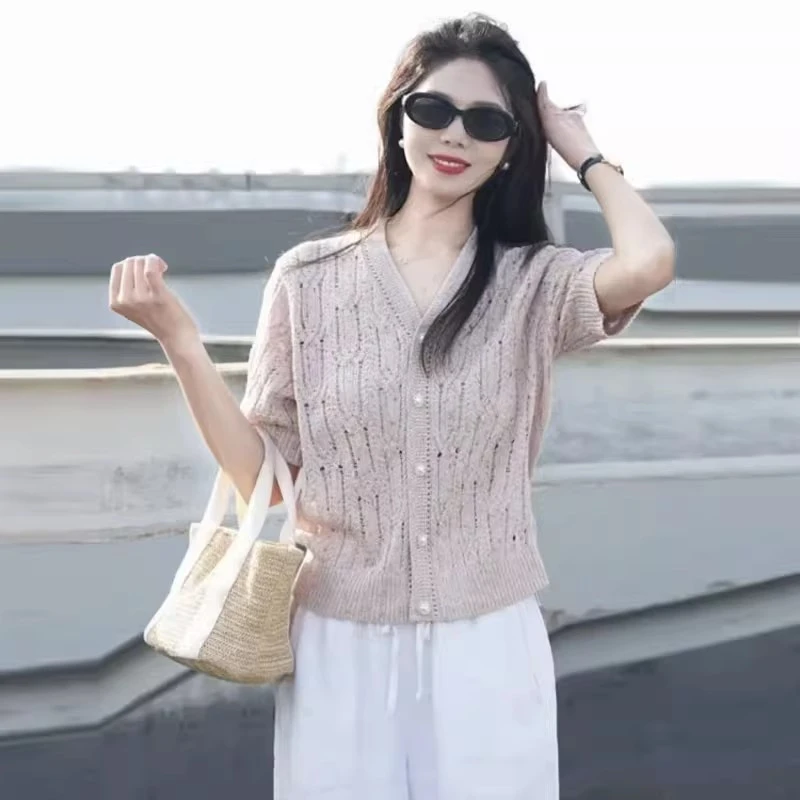 【商场同款】夏季新款镂空修身气质V领短袖针织开衫袁衣都舍5499254