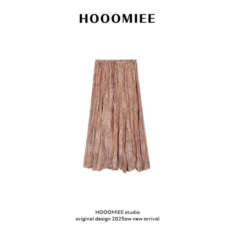 Hooomiee提花压褶半身裙夏季海棠色樱花粉A字大摆裙XY9443