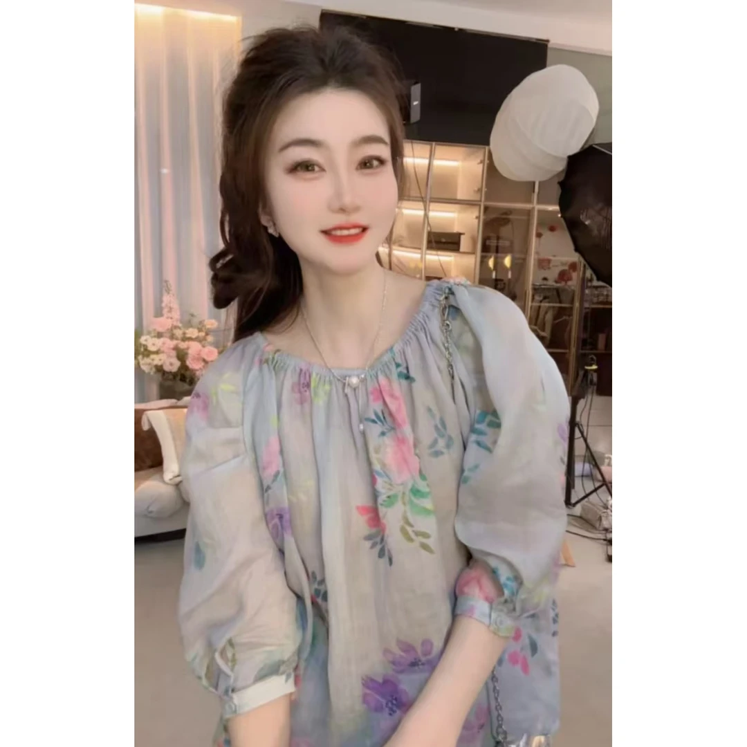 『晕染花朵S』设计显瘦百搭时尚衬衫91138