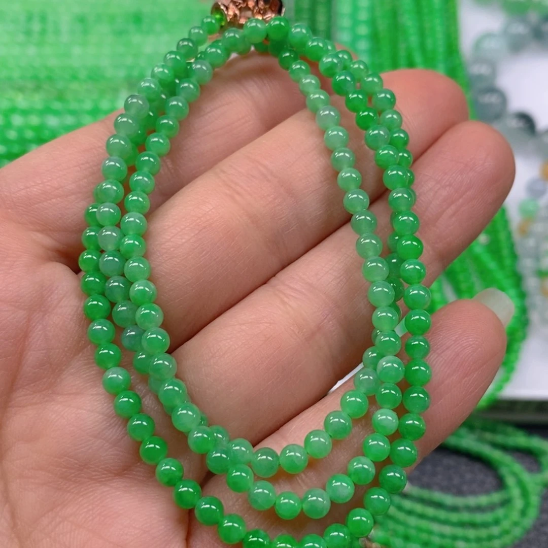 翡翠颈饰未镶嵌冰种阳绿小米珠项链3.8m' m