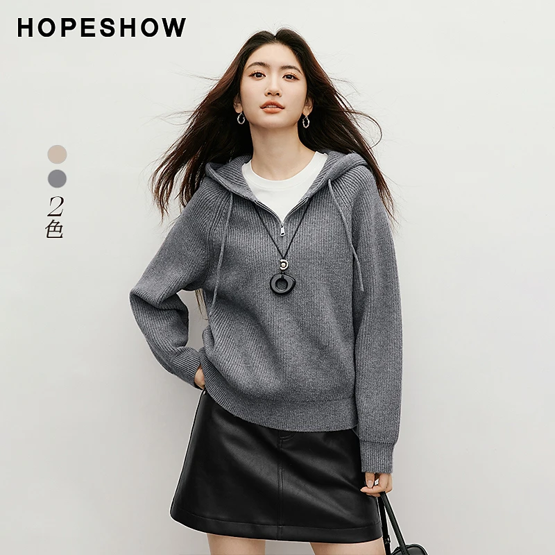 红袖2025秋季女装 抽绳拉链插肩袖连帽套头短款针织衫90225290107