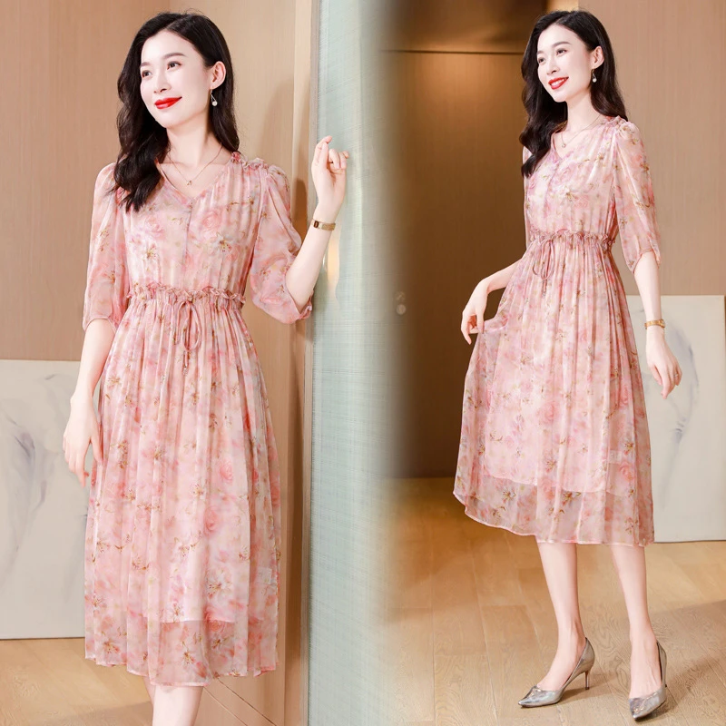 2025夏季新款气质领系带显瘦百搭知性印花真丝连衣裙