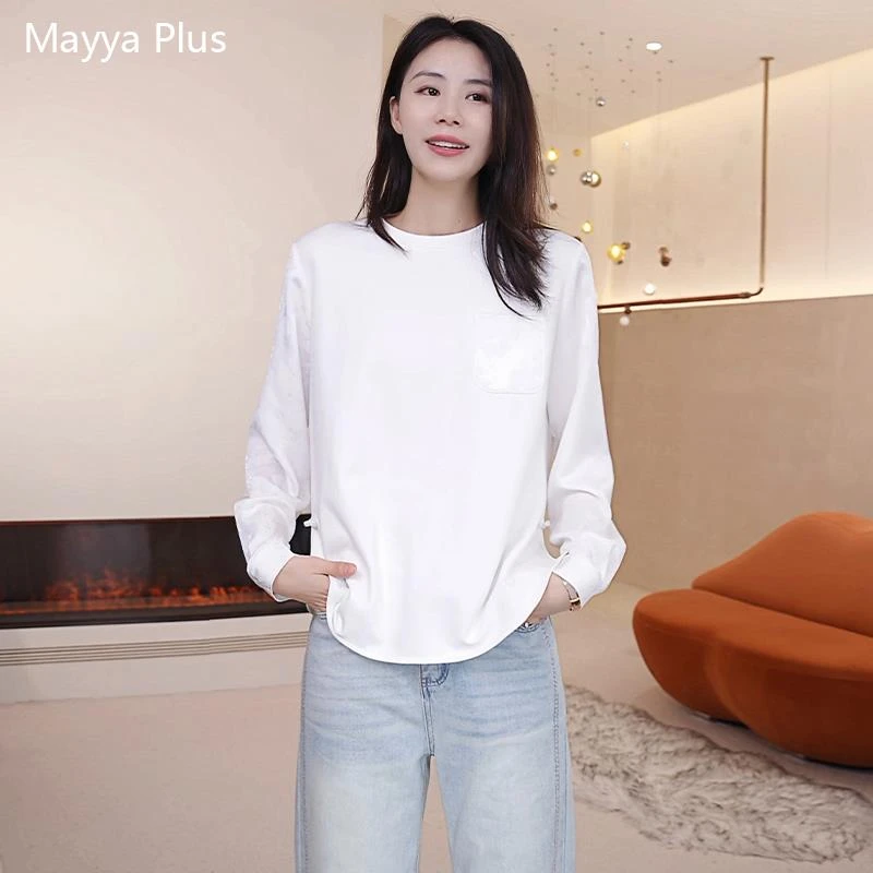 2025春秋季新款女士缎面提花拼接白色长袖T恤设计感中式打底上衣
