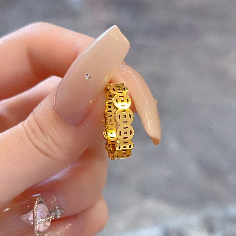 钛钢戒指 不掉色铜钱戒指女小众设计简约指环轻奢个性素圈食指