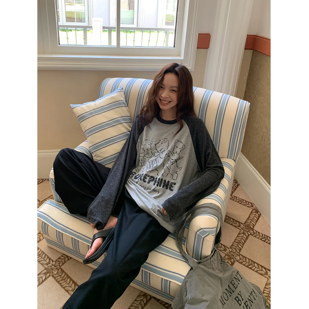 SIXI四喜家 康普顿学院 趣味狗狗乐队印花长袖T恤女秋季柔软上衣
