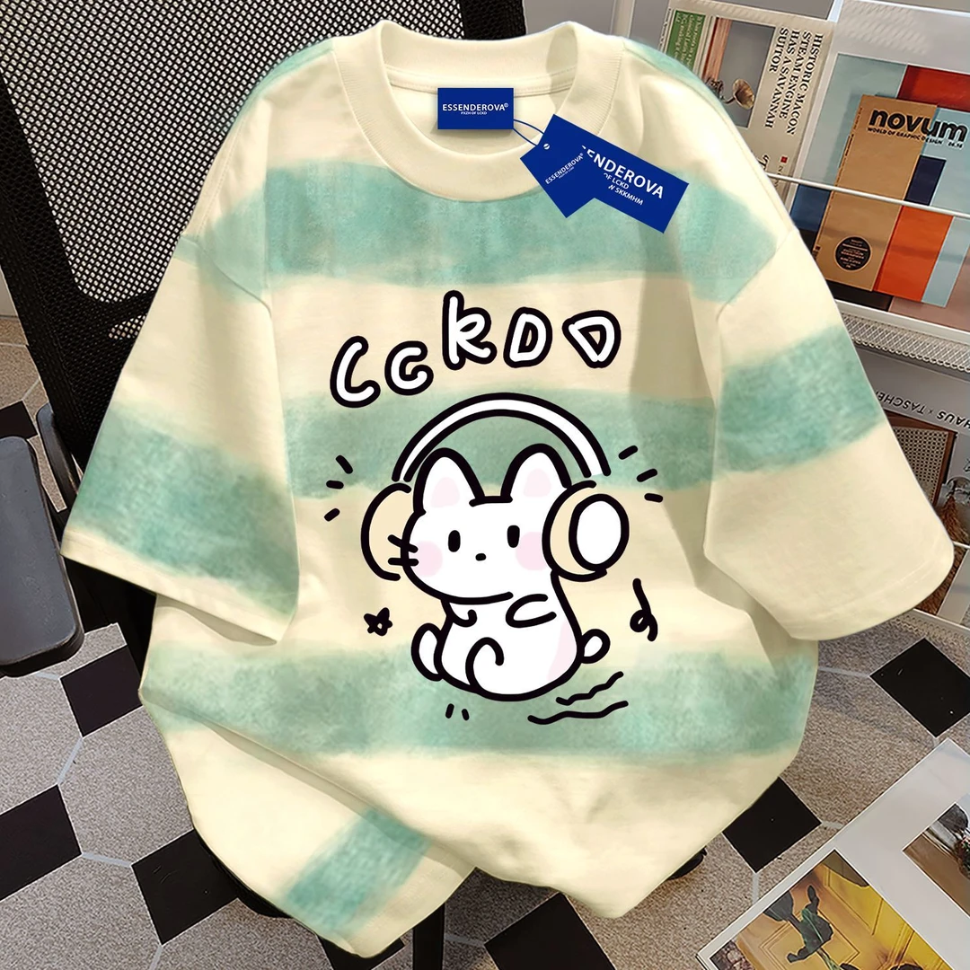 100%纯棉甜美风卡通夏季宽松百搭情侣t恤短袖男女小众圆领上衣服