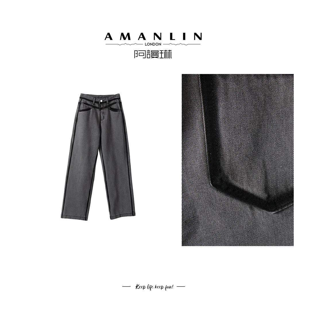 【AMANLIN】冬季设计感直筒高腰百搭气质时尚洋气牛仔裤F595191