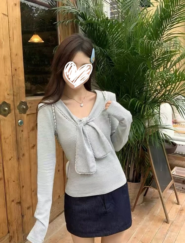 韩系甜美设计感蕾丝披肩条纹长袖T恤收腰显瘦秋季女上衣