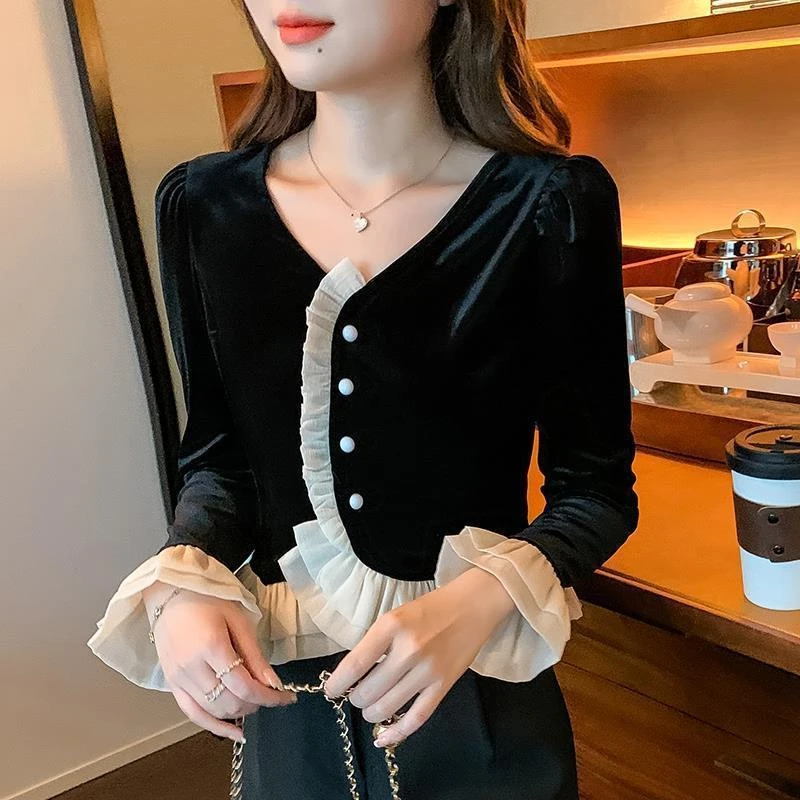 泡泡袖短款气质小衫上衣设计感小众v领荷叶边金丝绒衬衫女秋冬潮