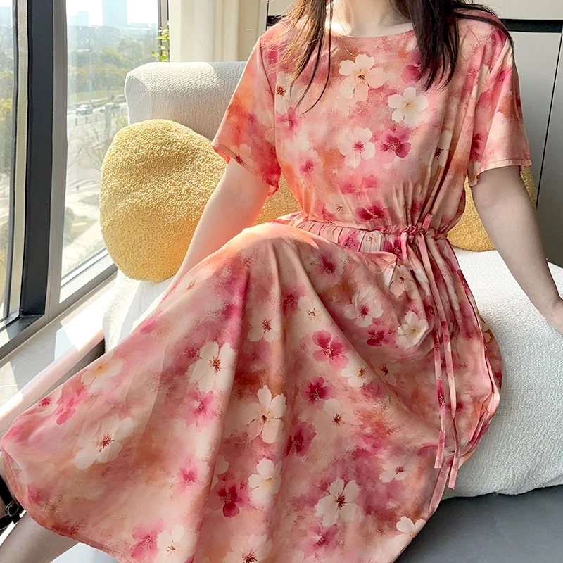 夏季新款棉绸连衣裙妈妈过膝长裙气质碎花宽松显瘦口袋收腰裙子女