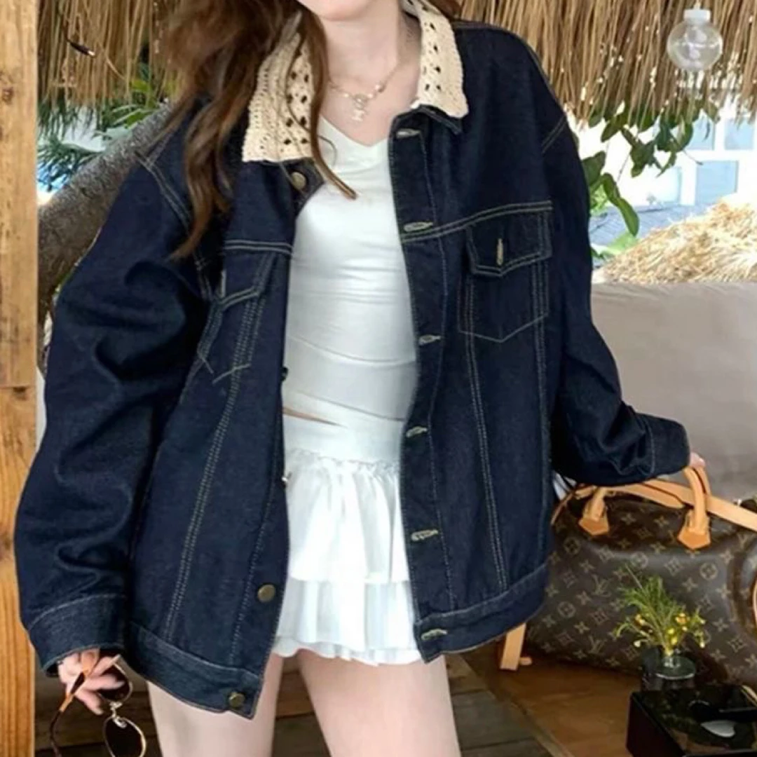 大码短外套拼接蕾丝女春秋厚款慵懒风洋气长袖短款做旧牛仔外套