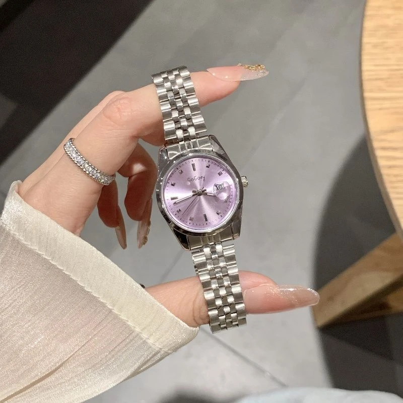 2025新款浆果紫色手表女款带日历学生高颜值小众轻奢钢带女士腕表