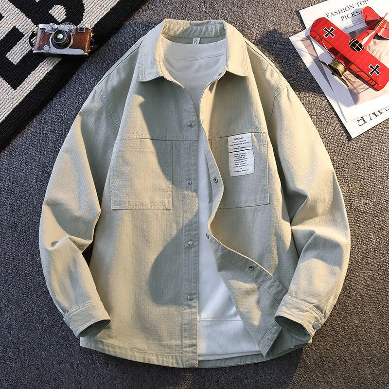 新款早秋纯棉衬衫男士肌理感春秋夹克高级感轻奢日系休闲翻领外套