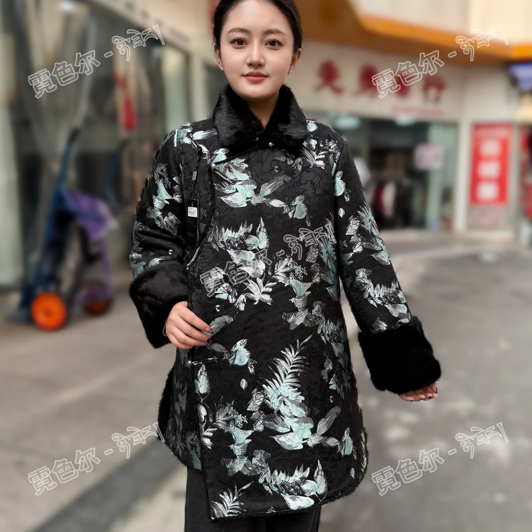 藏式中长款提花仿貂皮袖领 人造毛藏服外套上衣中式