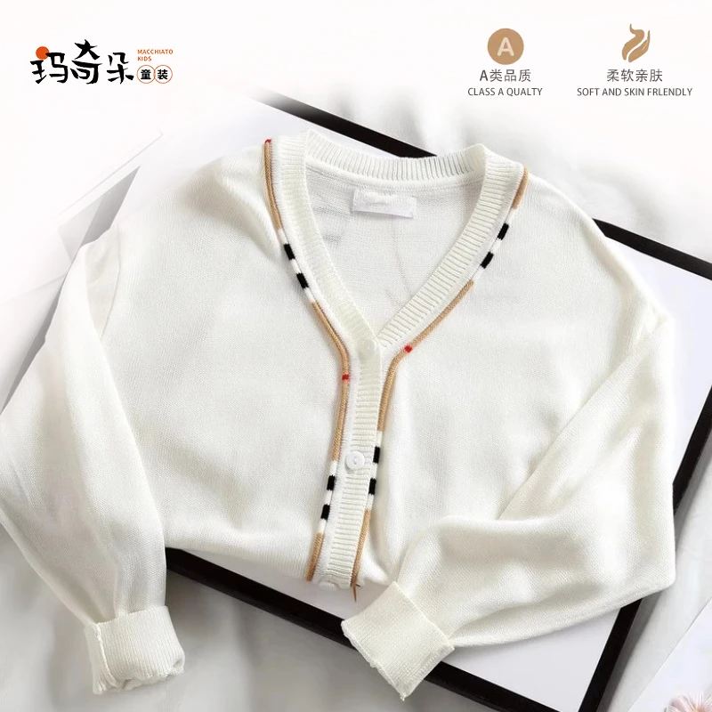 女童冰丝针织衫新款夏季儿童衣服条纹空调衫薄款小童防晒衣外套