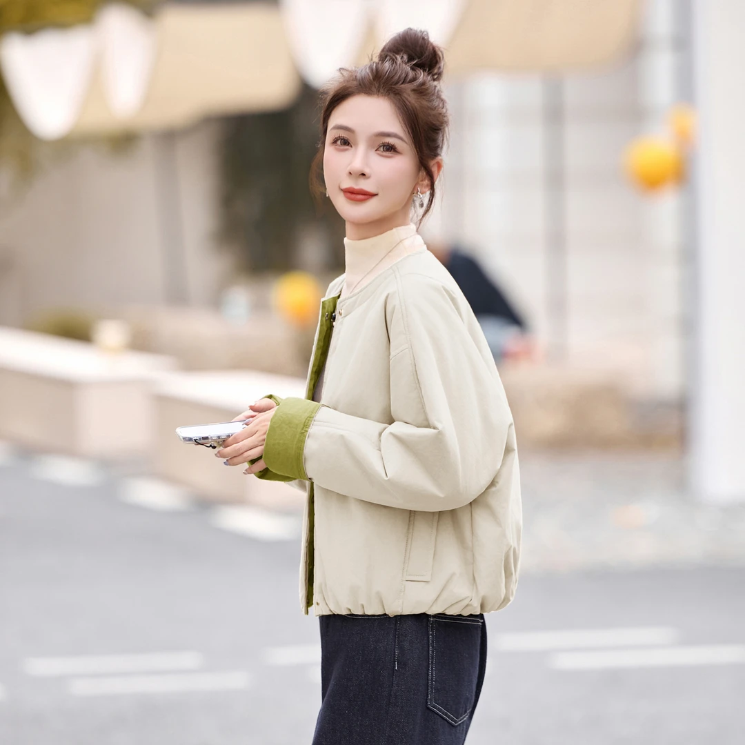 新品撞色圆领棉服外套女短款2025秋冬季新款减龄休闲保暖夹克棉衣