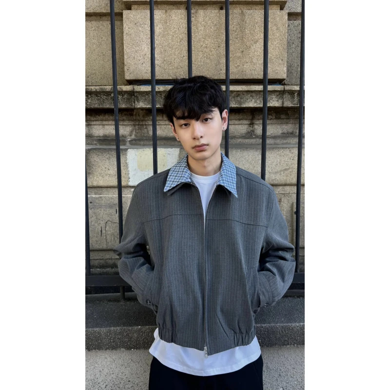 美式短款西装夹克双层领翻领外套宽松短款牛仔标准男款显瘦春秋款