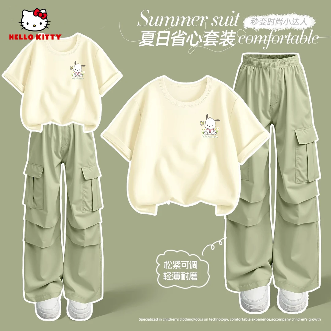 Hello Kitty女童夏套装2025新款纯棉短袖夏日女孩工装裤儿童夏装